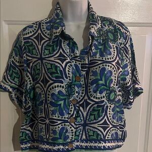 Haute Hippie Blue and Green Patterned Button-Down Shirt